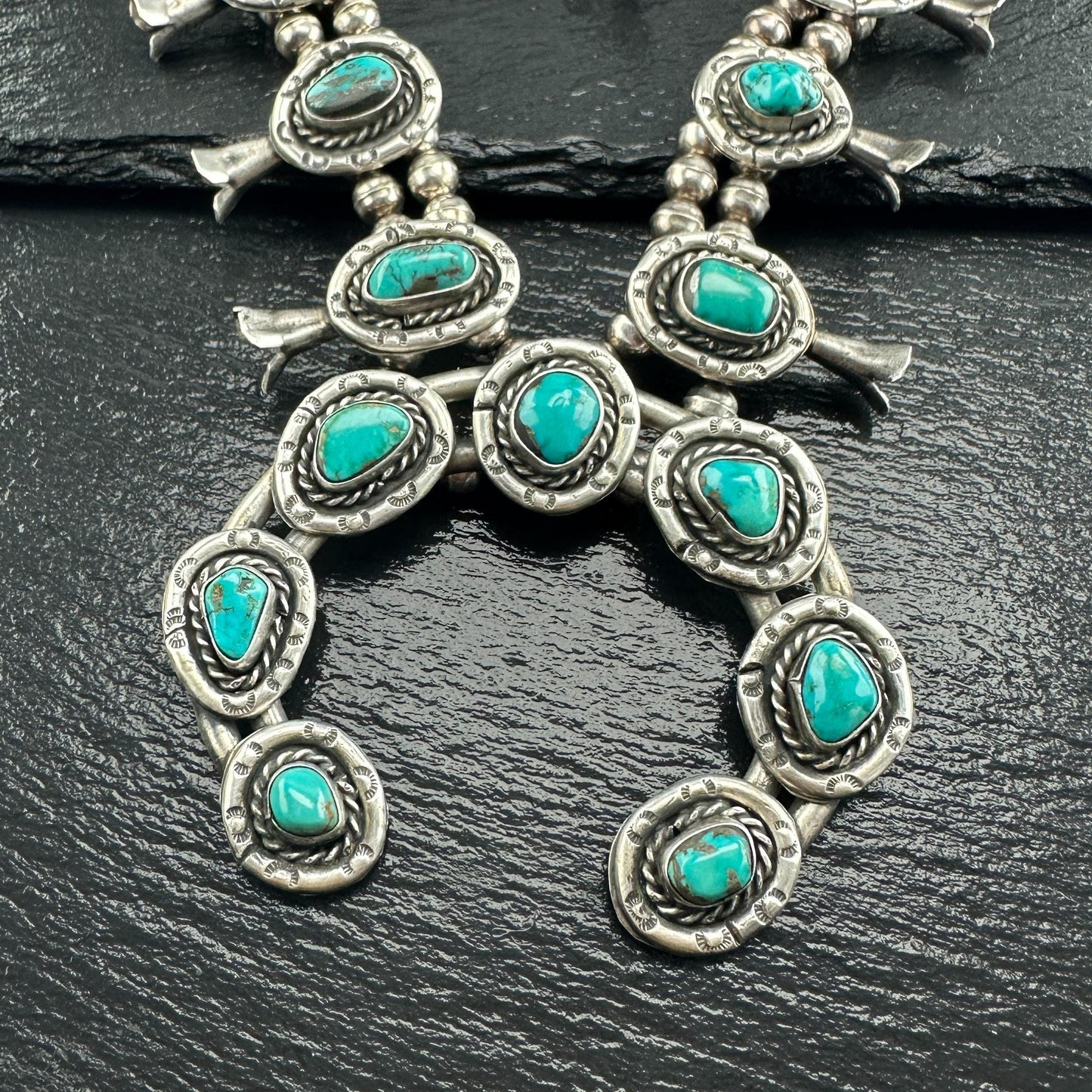 Squash Blossom Necklace with Blue Turquoise Stamped Native American Design Sterling Silver