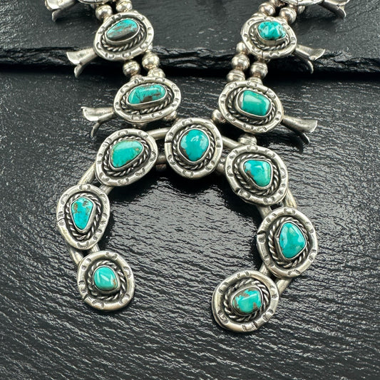 Squash Blossom Necklace with Blue Turquoise Stamped Native American Design Sterling Silver