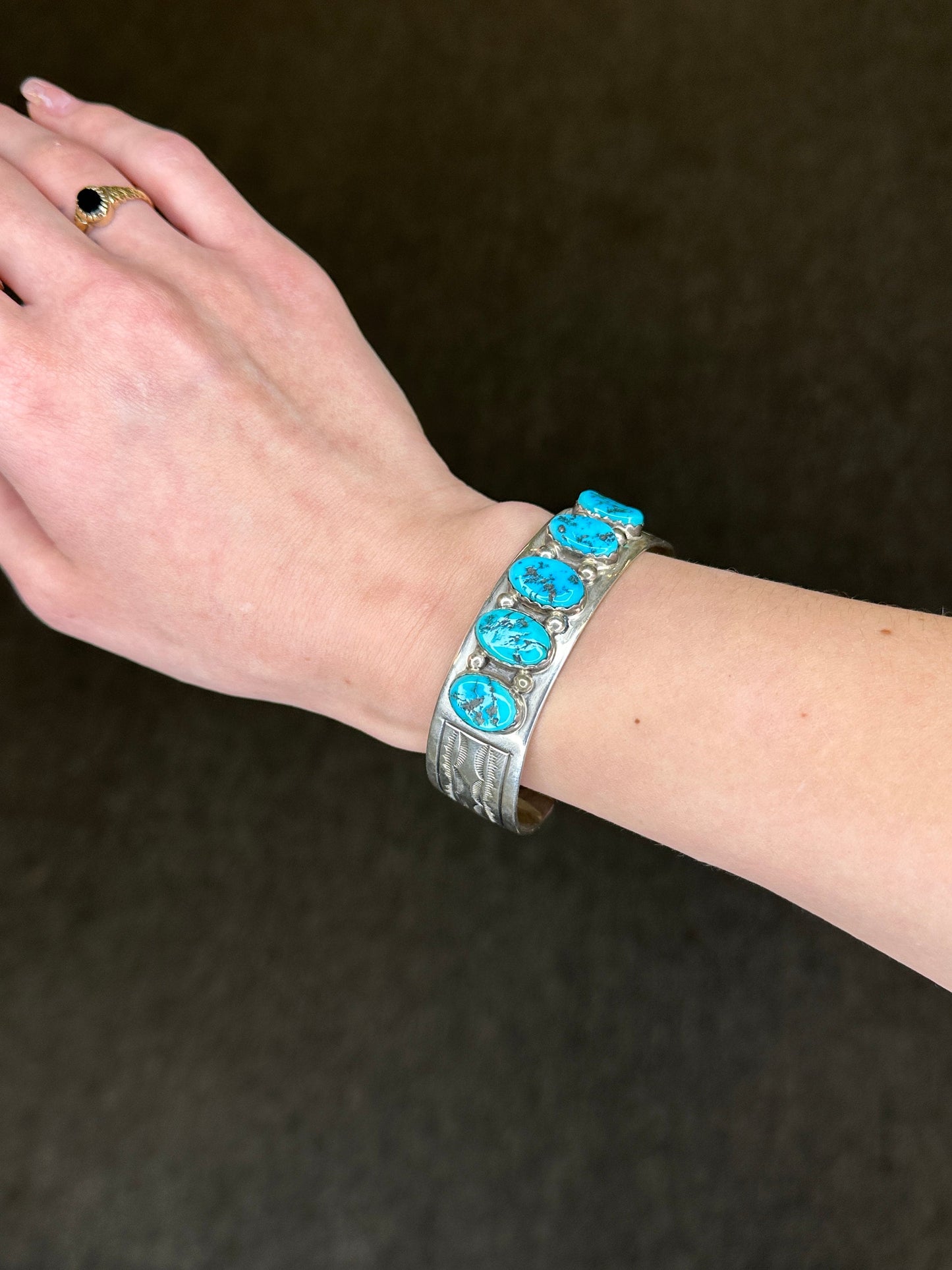 Native American Sterling Silver Turquoise Cluster Nuggets Cuff Bracelet