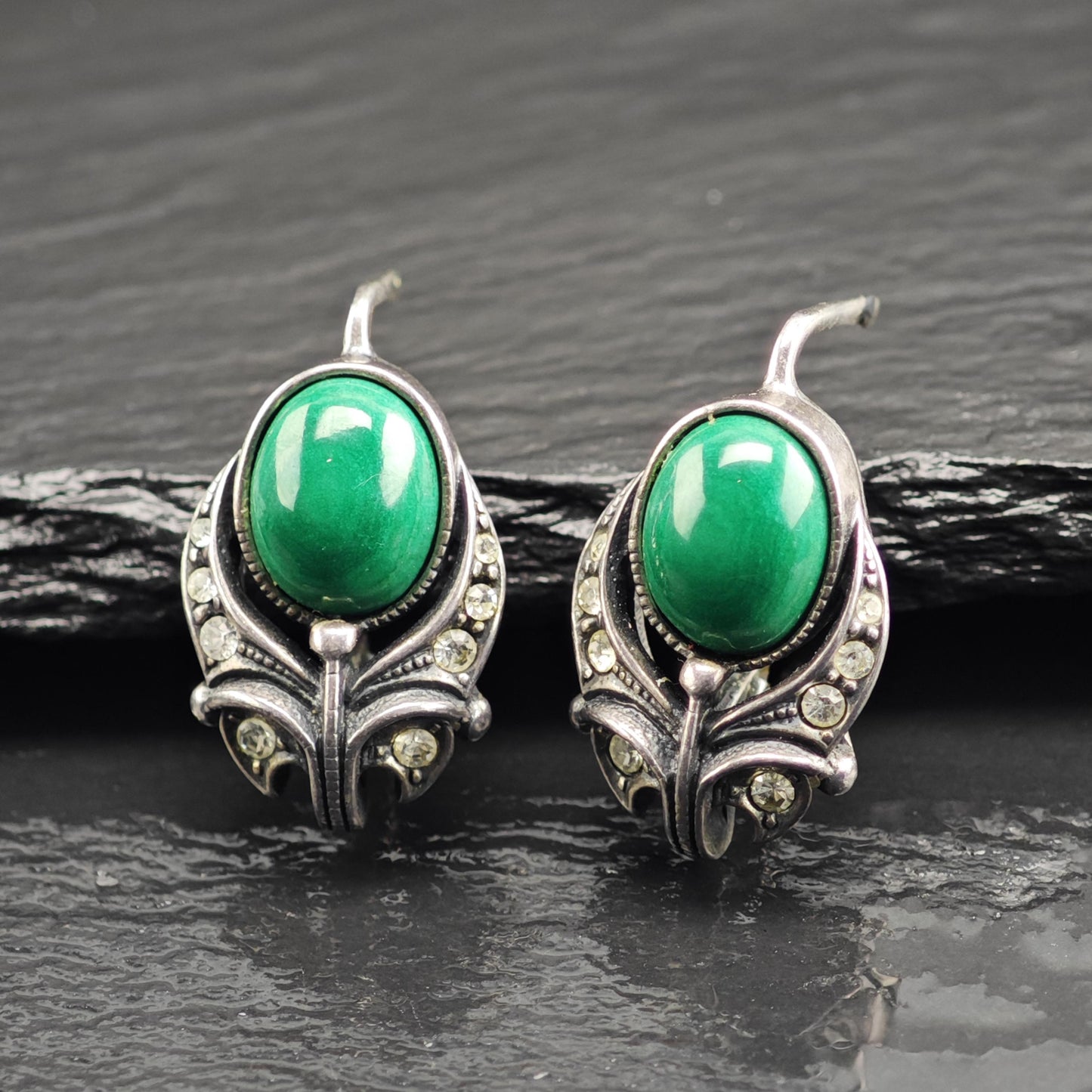 European, Art Deco St Green Malachite Rhinestone Sterling Silver Latch Earrings ER3118