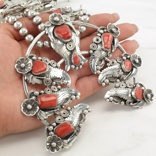 Vintage Southwest Red Coral, Sterling Silver Squash Blossom Necklace