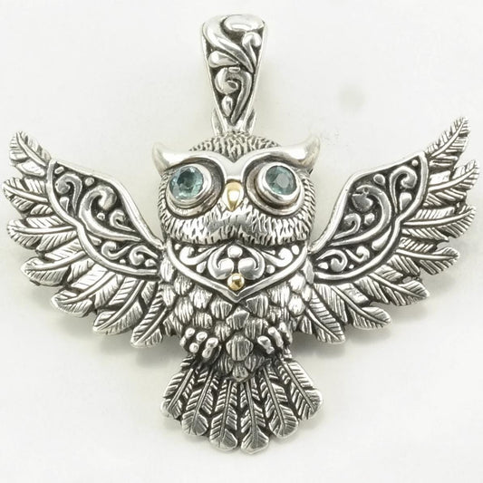 Vintage 18K Gold Accents, Blue Topaz Owl Sterling Silver Pendant