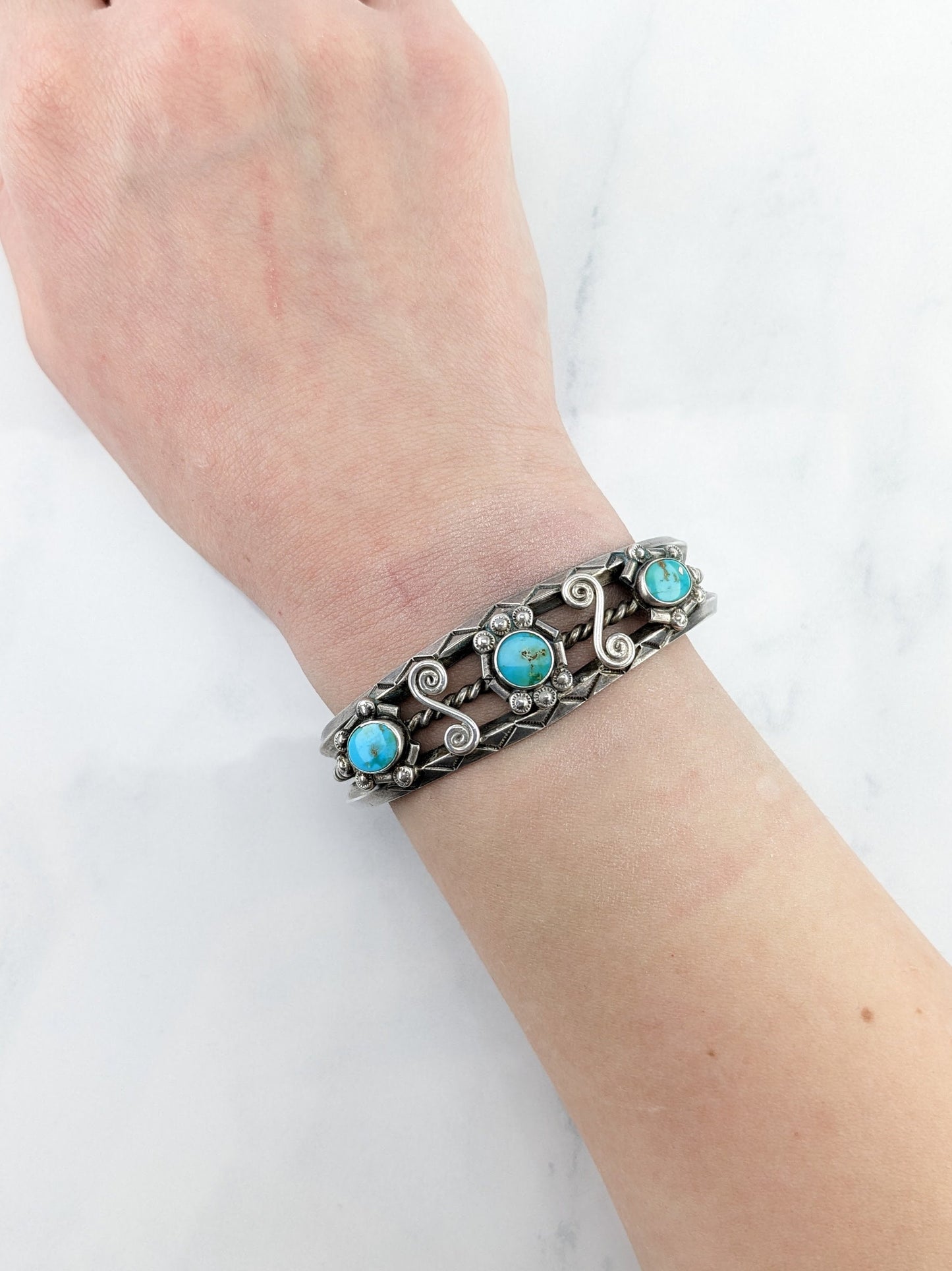 Native American Historic Blue Gem Turquoise Sterling Silver Cuff Bracelet