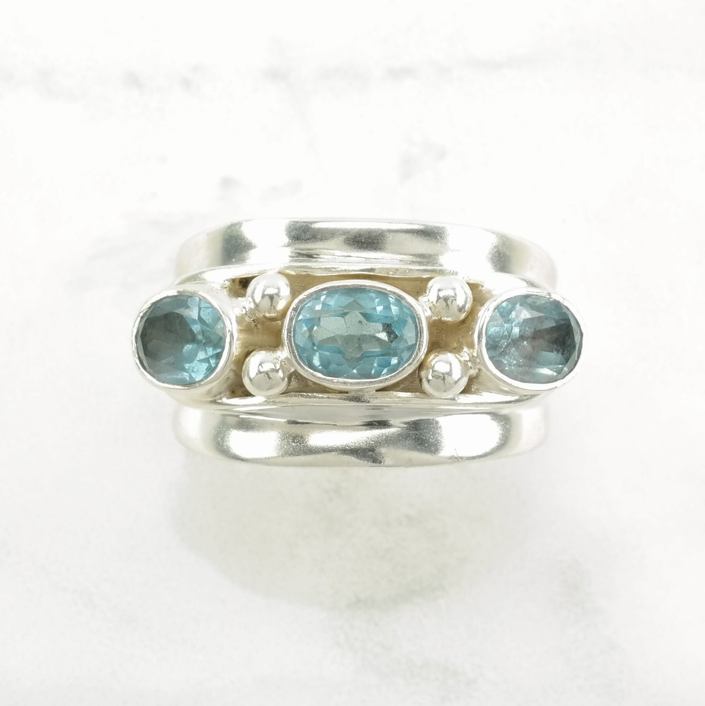 Heavy Sterling Silver Ring Topaz, Three Stone Blue Size 9