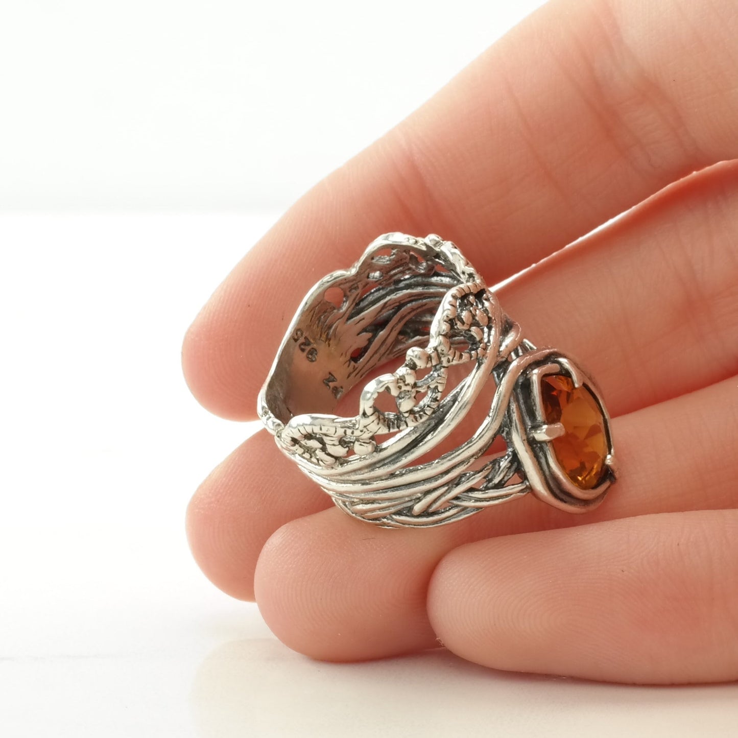 Israel Silver Ring Citrine Woven Sterling Orange Size 5 1/4