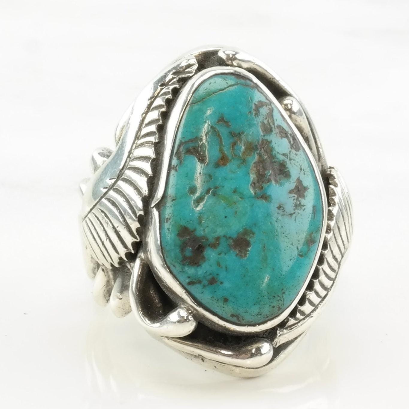 Vintage Navajo Silver Ring Turquoise Leaf Sterling Size 9