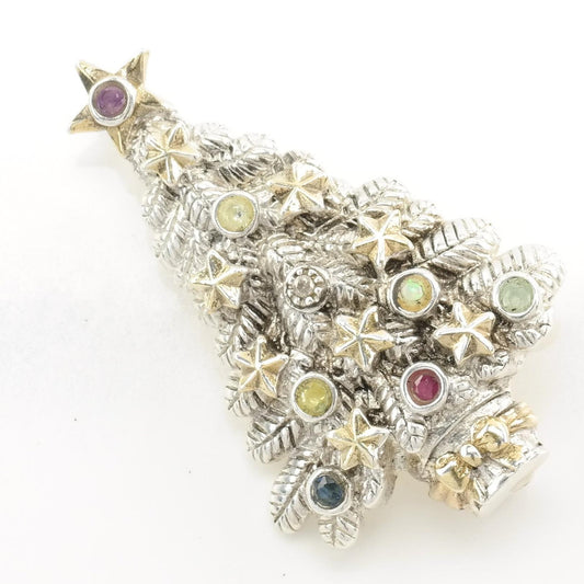 Sterling Silver Brooch Pendant Christmas Tree Gold Accent Diamond Amethyst Topaz Ruby Opal