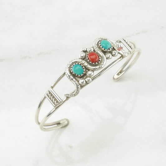 Vintage Zuni Sterling Silver Cuff Bracelet Blue, Red Coral, Turquoise Snake