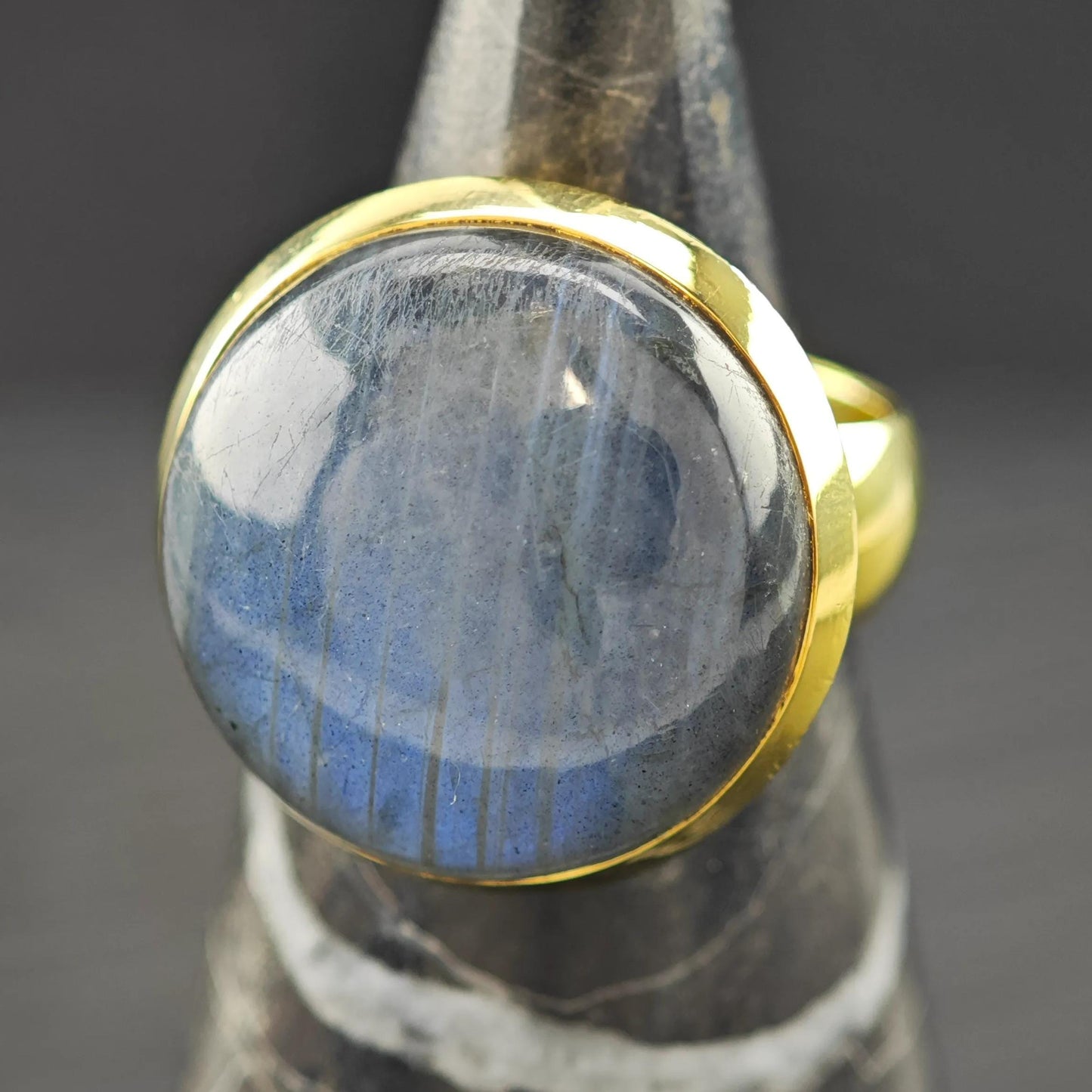 Gold Gilded Round Labradorite Ring Sterling Silver Sz 8