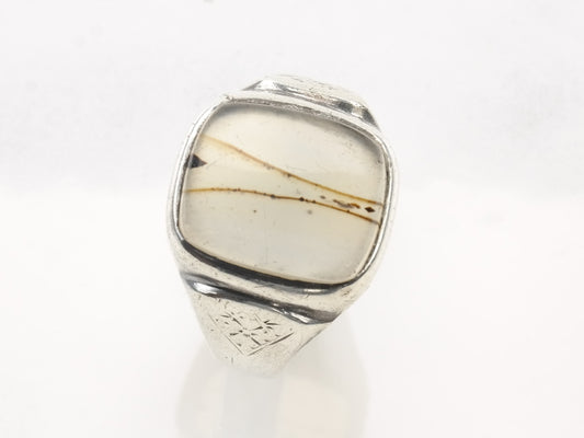 Art Deco Silver Ring Agate Square Sterling Size 10