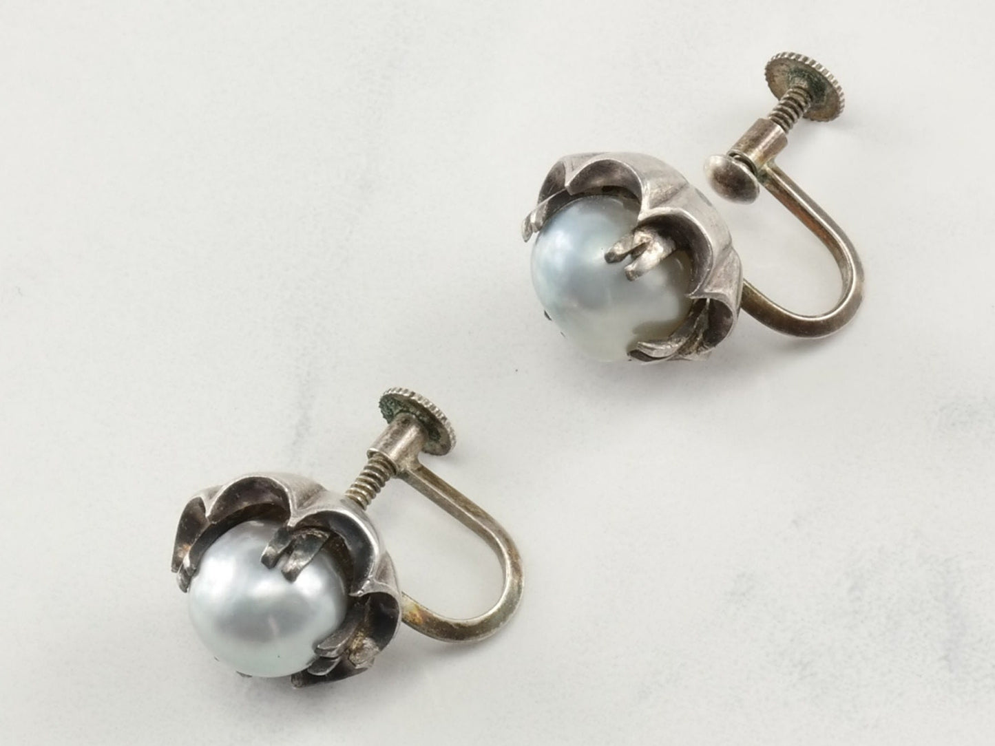 Sterling Silver Pearl Floral Earrings Screw Back