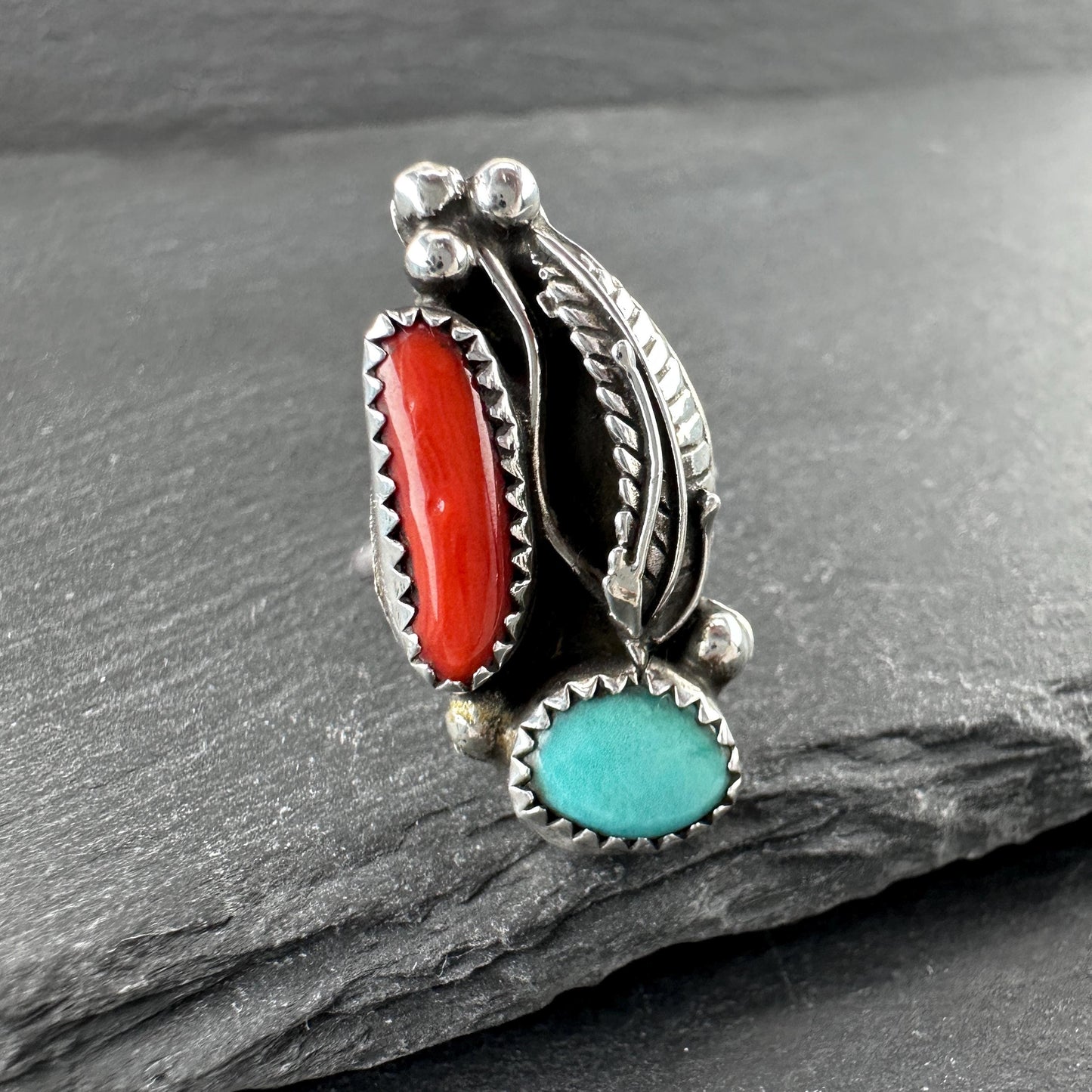 Native American, Coral, Turquoise Ring Sterling Silver