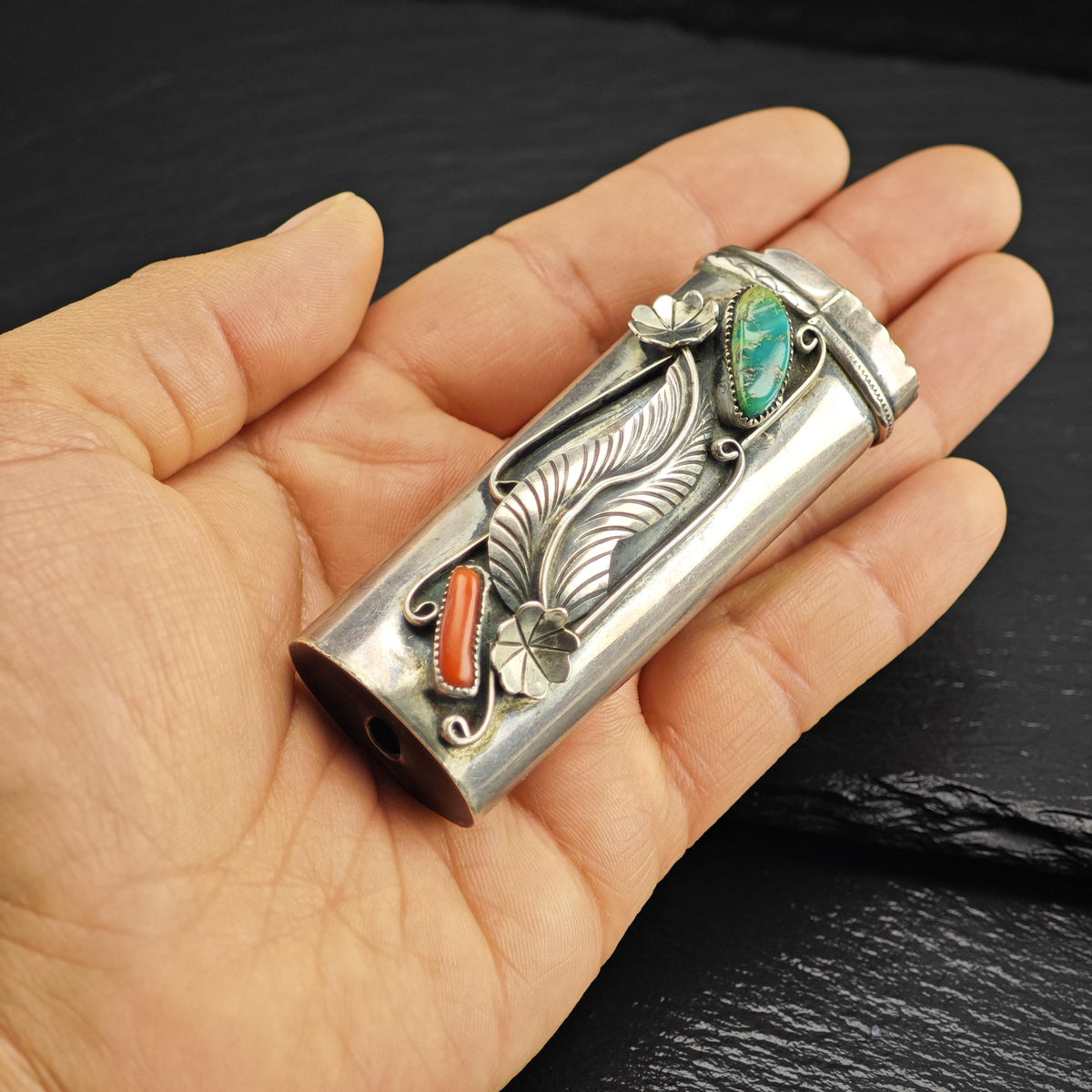 Native American Turquoise & Coral Flora Lighter Cover Sterling Silver MISC0399
