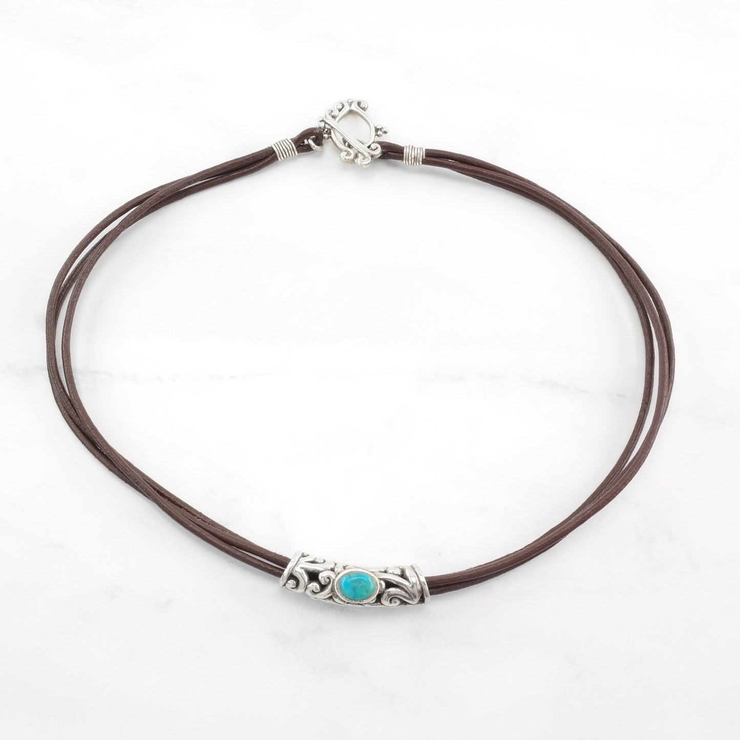 Sterling Silver Brown, Blue Turquoise 3 Strand Leather Necklace