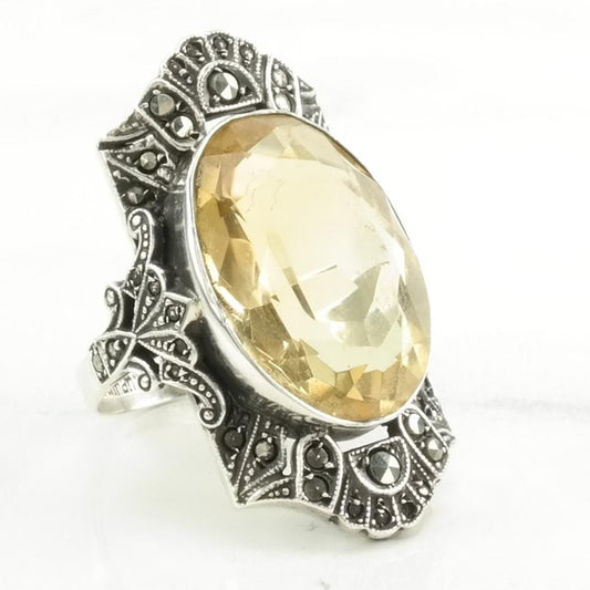 Vintage Art Deco, Germany Silver Ring Citrine Sterling Yellow Size 7 3/4