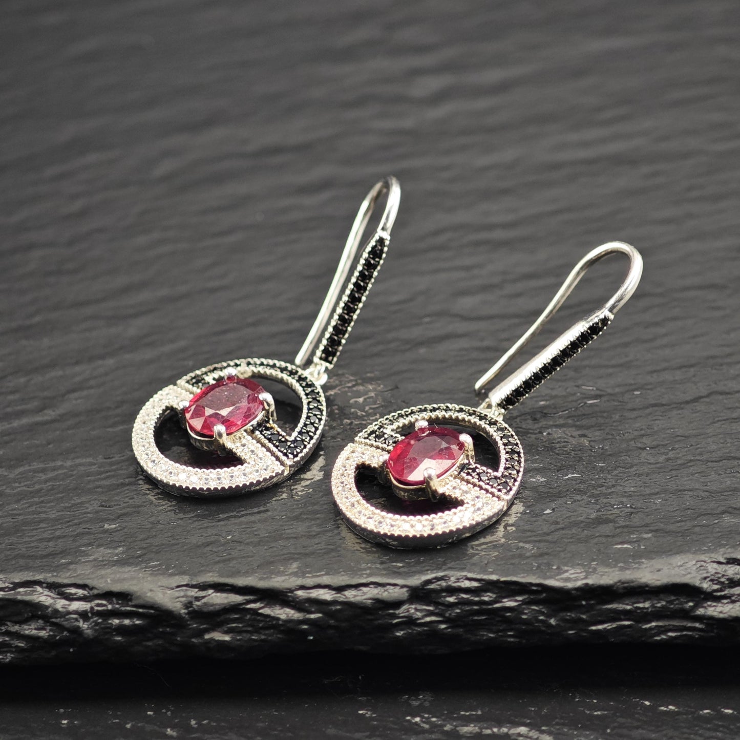 Glass Filled Ruby Spinel Dangle Hook Sterling Silver Earrings ER3109