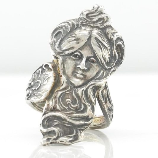 Vintage Art Nouveau Style Silver Ring Spoon, Women Face Floral Sterling Size 5 3/4