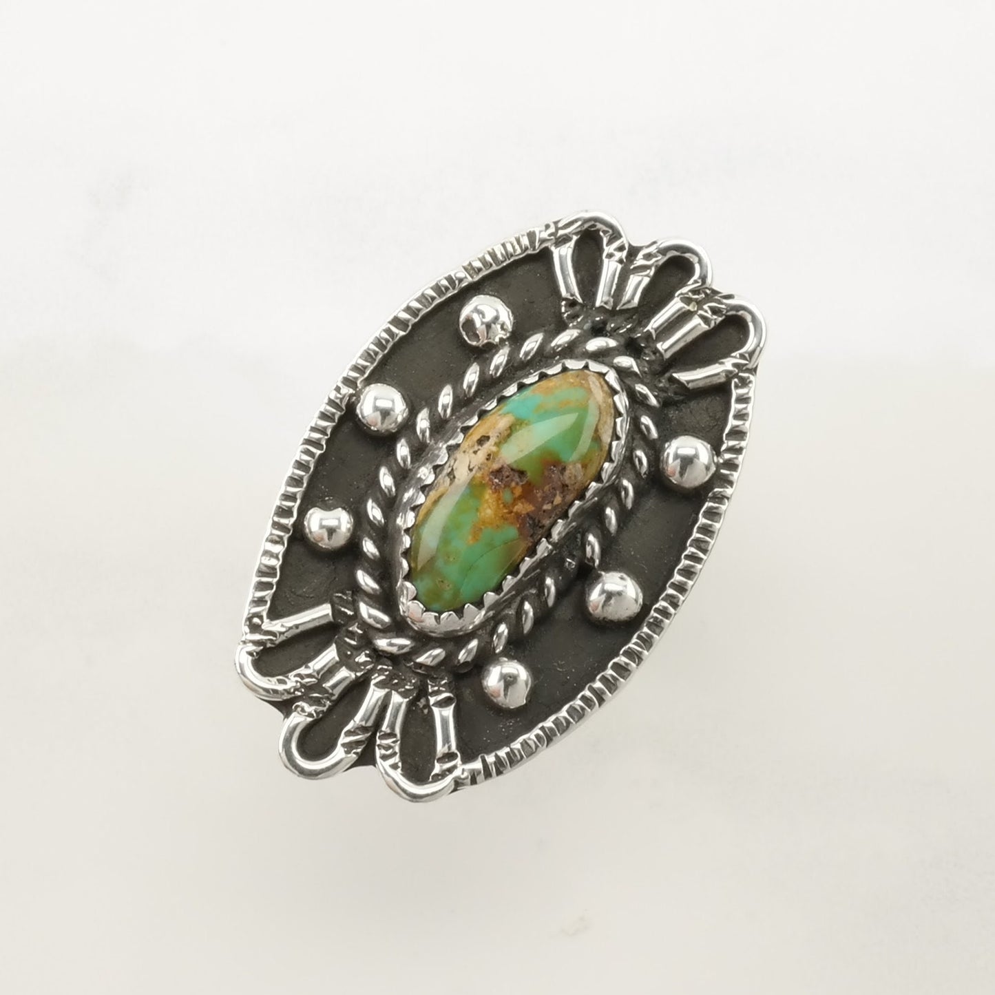 Native American Silver Ring Turquoise Floral, Large Sterling Green Size 7 1/2