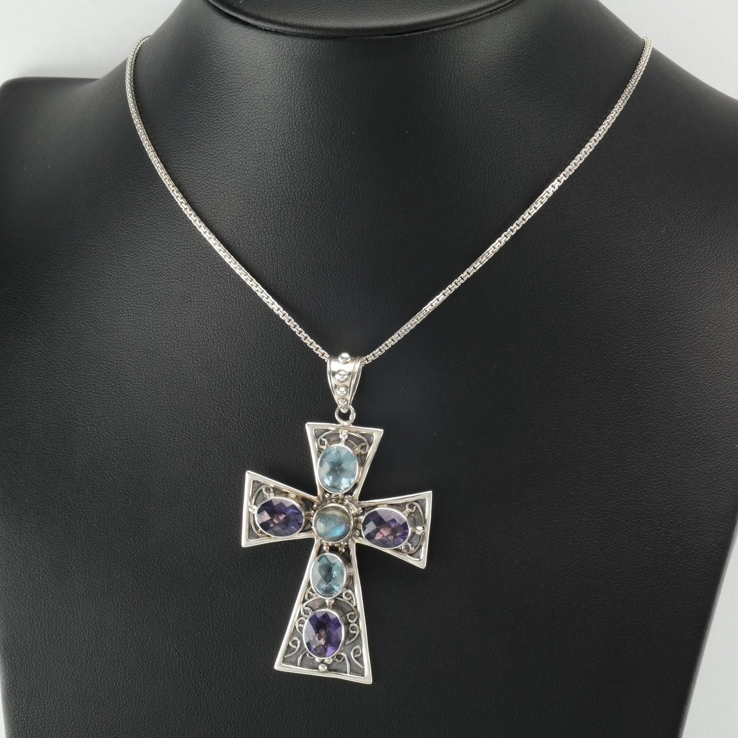 Vintage Nicky Butler Gemstone Sterling Silver Cross Necklace N2410