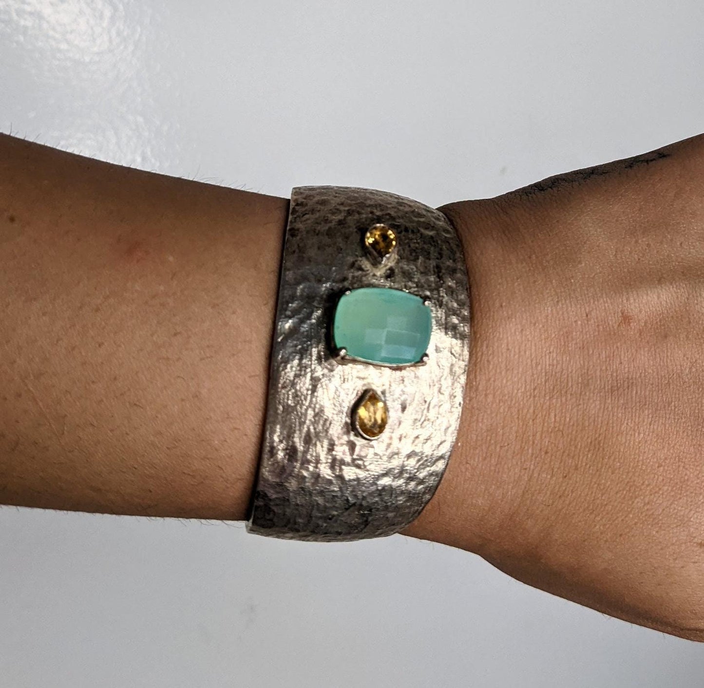 Vintage Hammered Sterling Silver Cuff with Citrine and Chalcedony