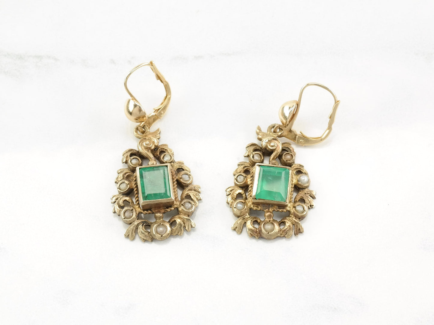 Vintage Gold Gilded Emerald Jewelry Set Colombian Emeralds Green Beryl & Cultured pearls Sterling Silver
