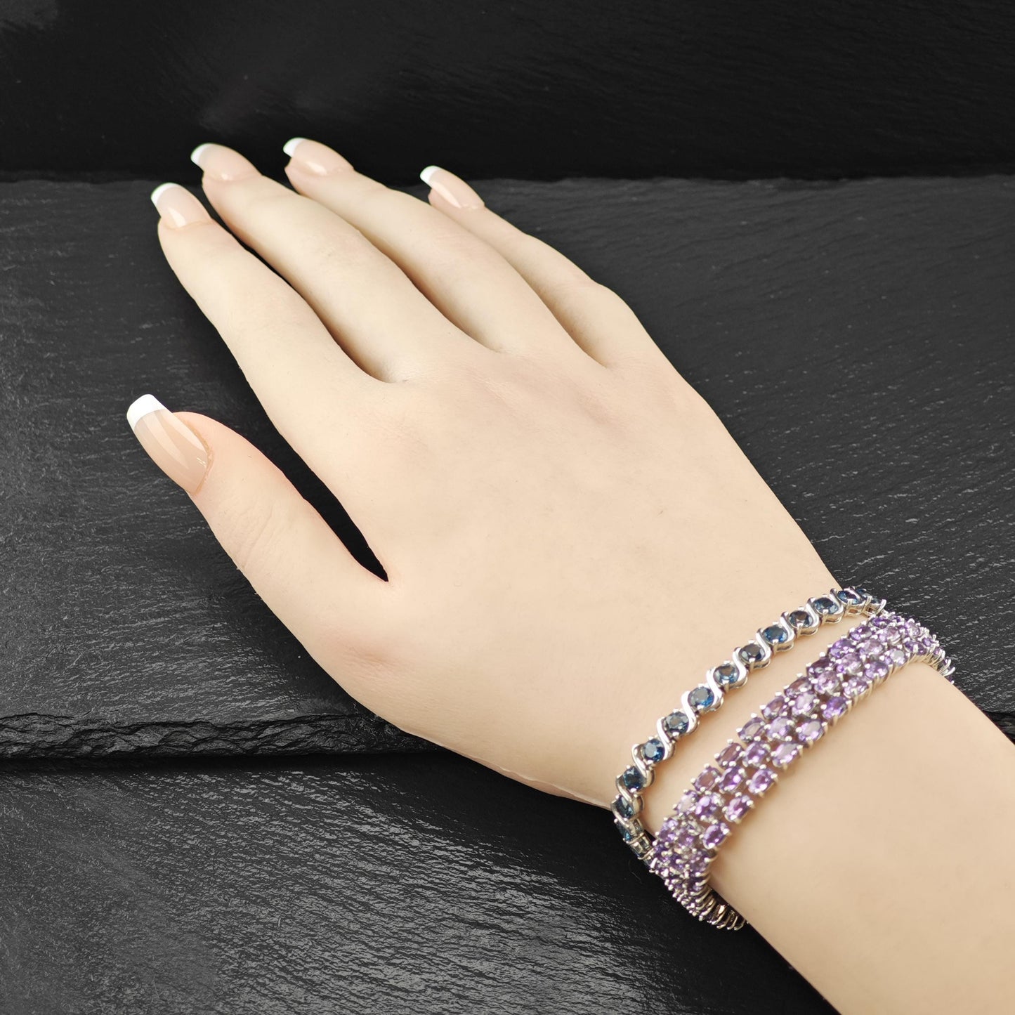 Amethyst Triple Strand Line Bracelet Sterling Silver Size 7"