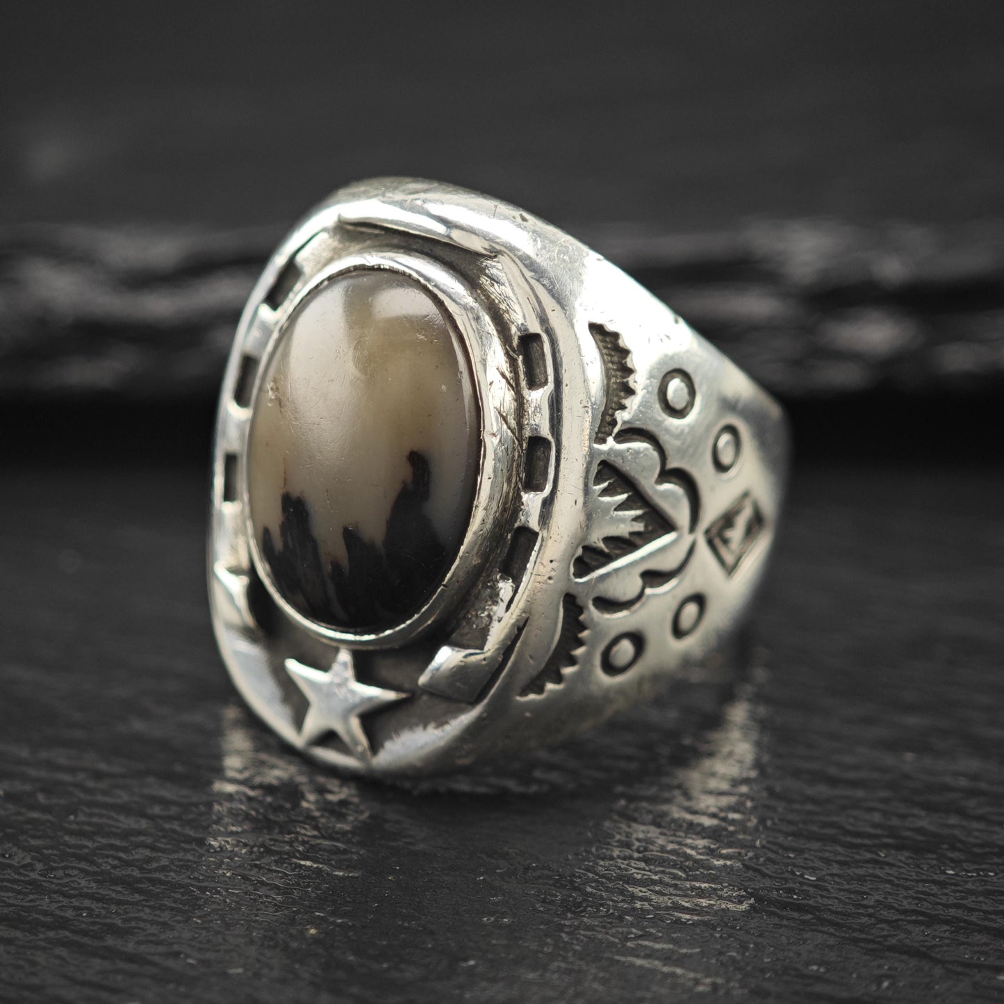 Sterling Bell Horseshoe Silver Ring Petrified Wood
