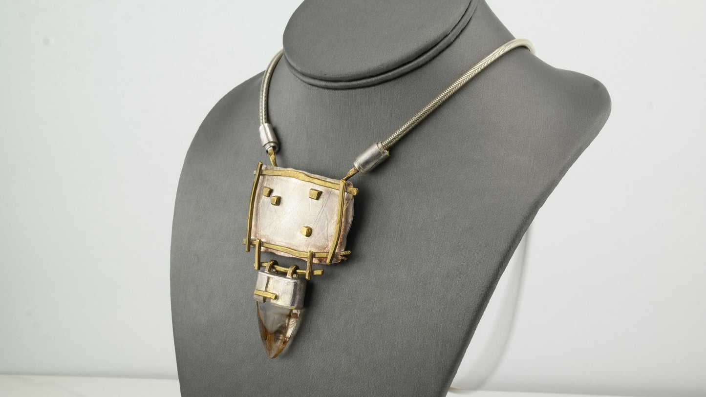 Studio Crafted Sterling Silver & Rutilated Quartz Necklace | Mixed Metals Pendant | Modernist Design