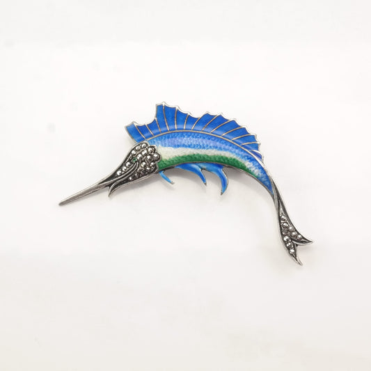 Silver Brooch Fish Marcasite Enamel Sterling