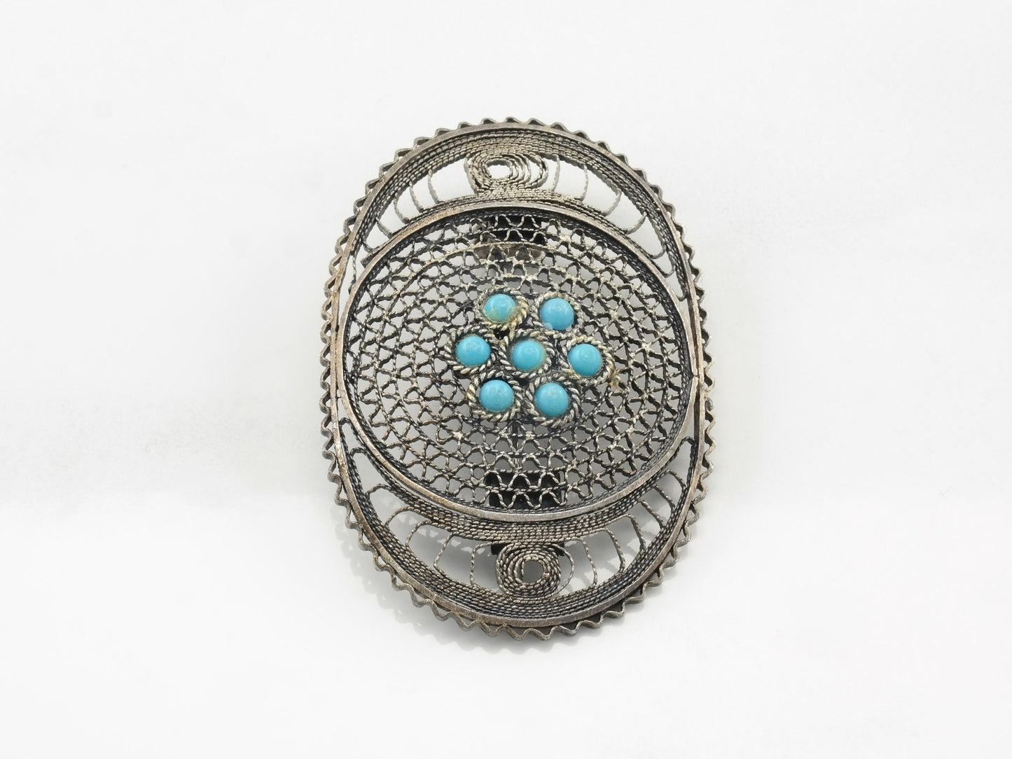 Vintage Filigree Turquoise Brooch Sterling Silver