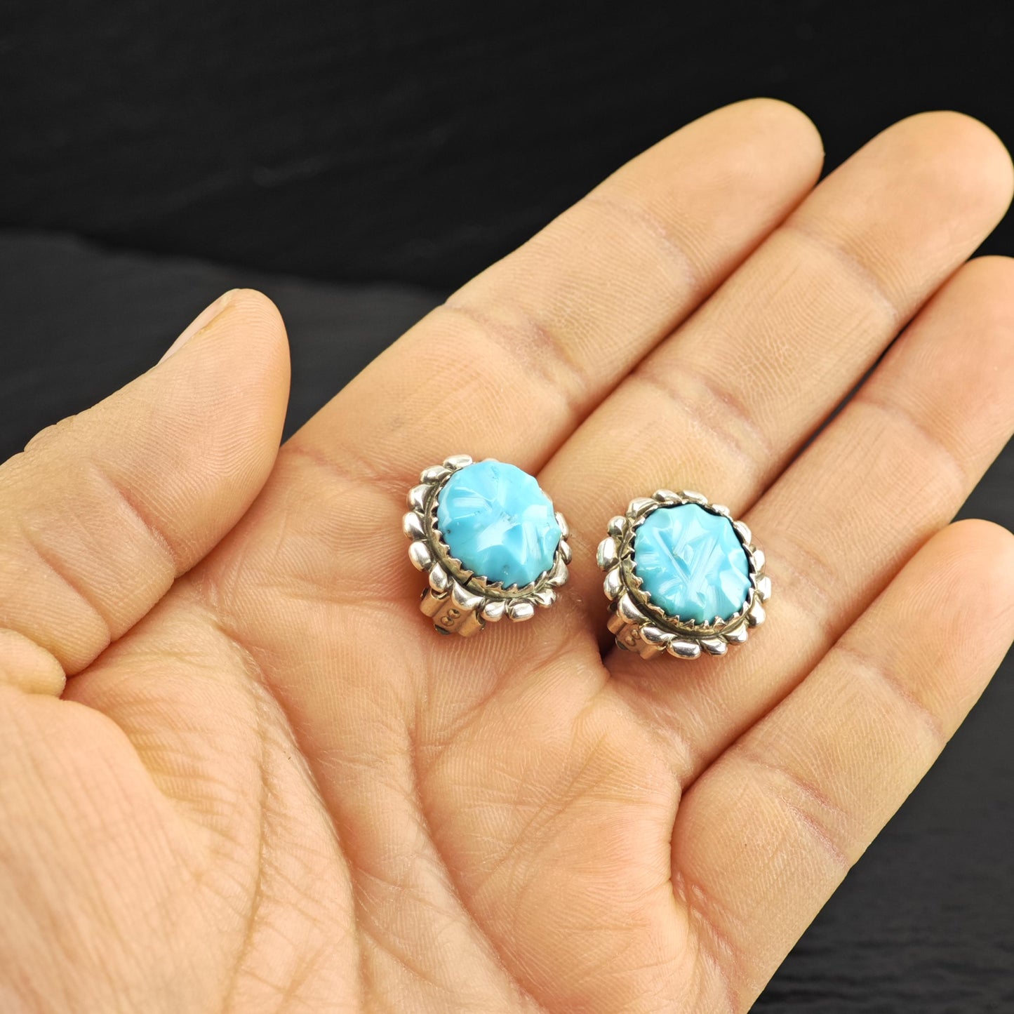Vintage Zuni, Native American Carved Turquoise Stud/Clip On Sterling Silver Earrings ER3169