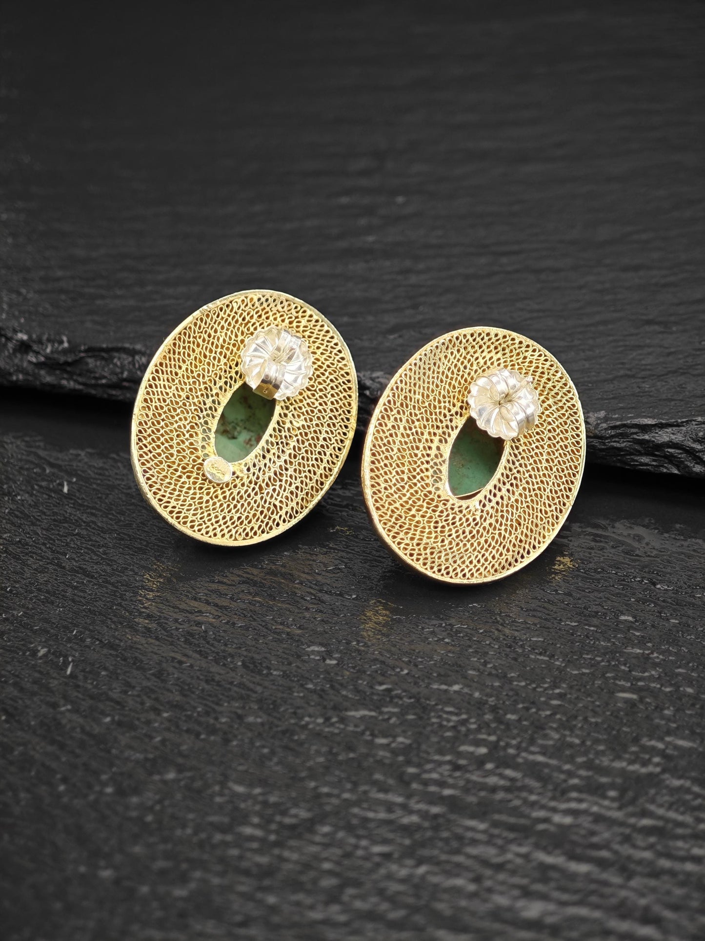 Chinese Export Turquoise, Vermeil Enamel Sterling Silver Stud Earrings