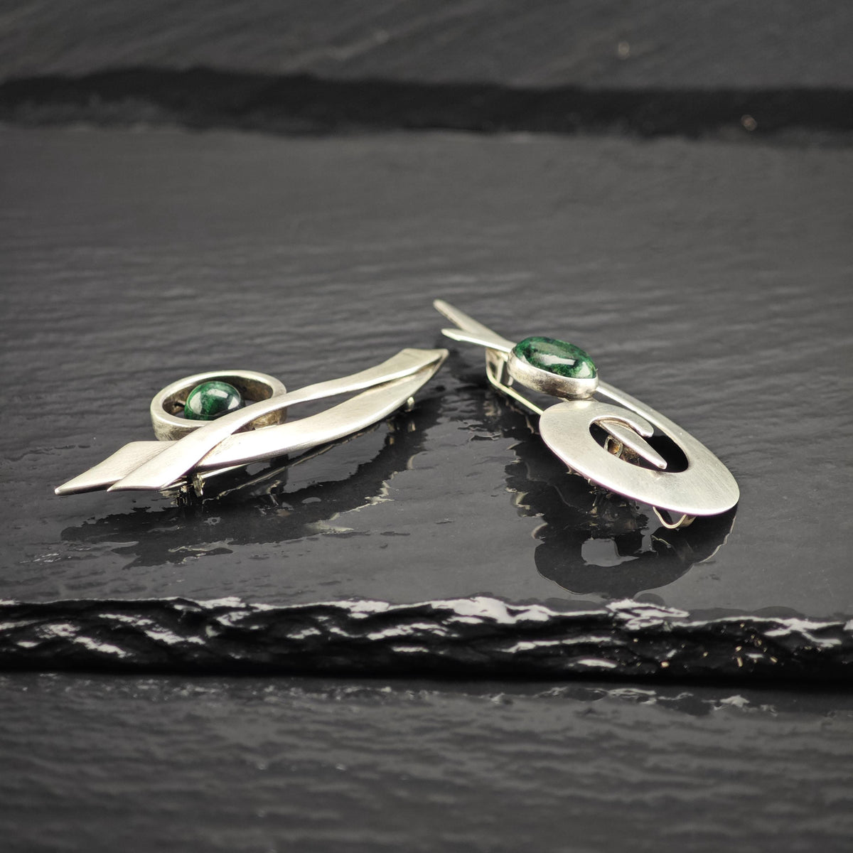 Choice of Modernist Green Chrysocolla Sterling Silver Brooches B2281