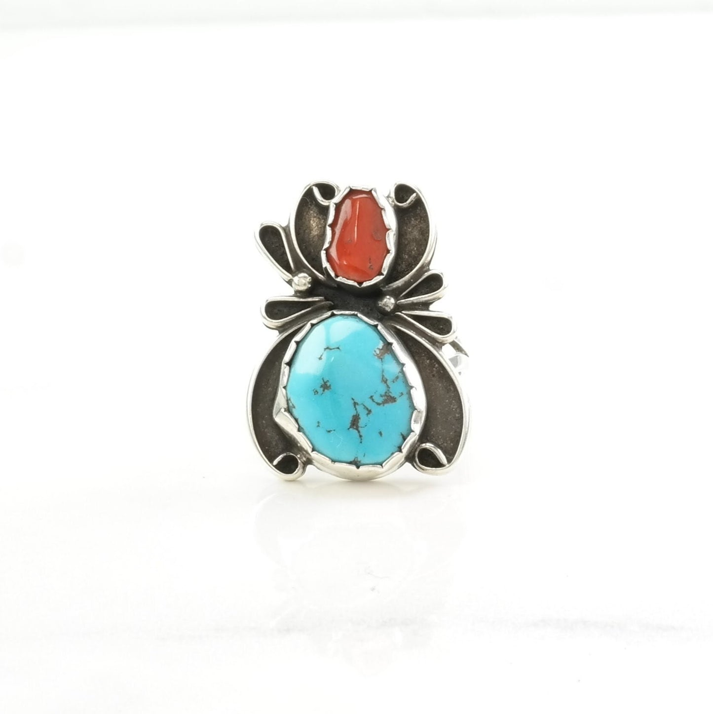 Native American Silver Ring Turquoise, Coral Spider Sterling Blue, Red Size 6 1/2