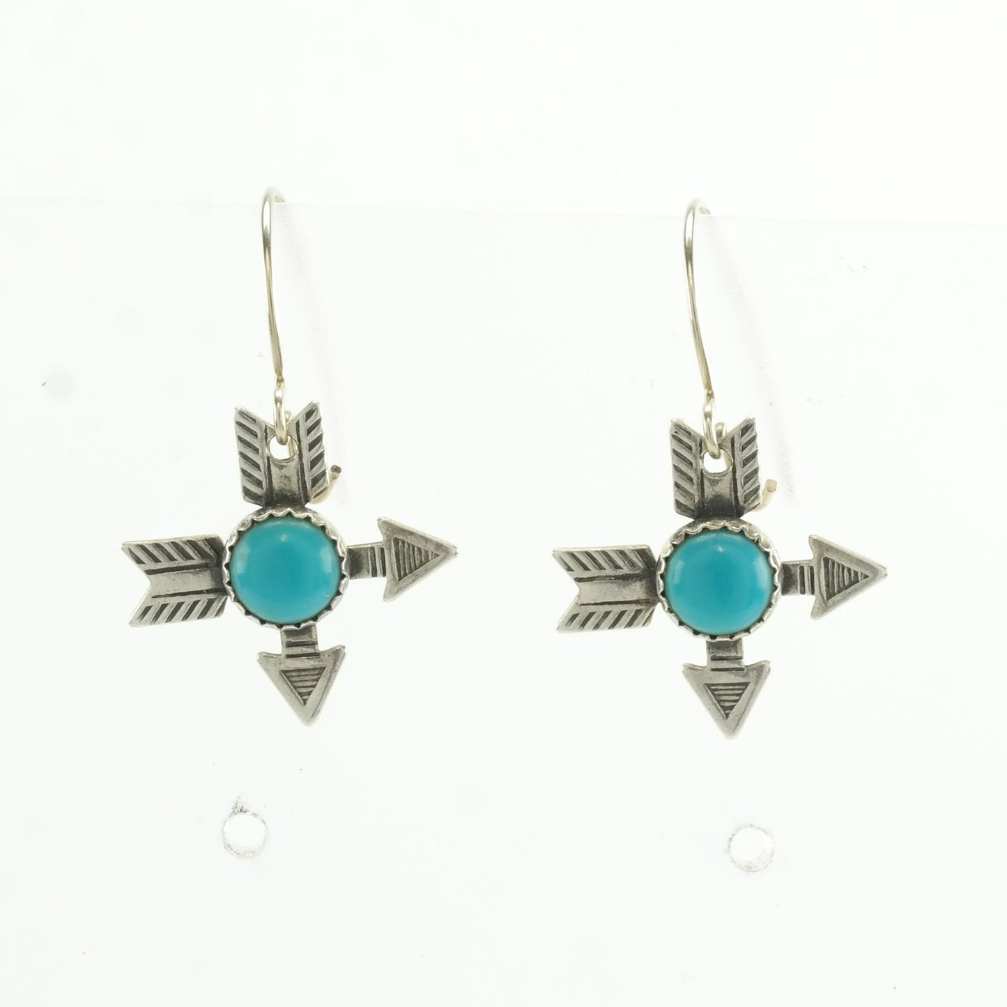 Fred Harvey Era Sterling Silver Blue Block Turquoise Arrow Earrings Fish Hook, Dangle