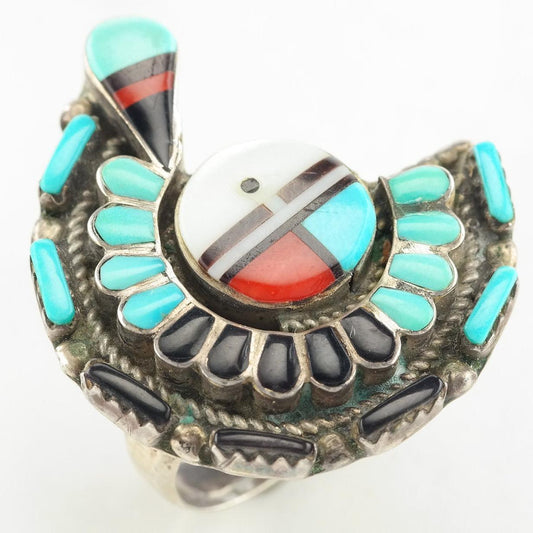 Vintage Zuni Sterling Silver Ring Size 8.25 Blue, White, Red, Black Turquoise Inlay