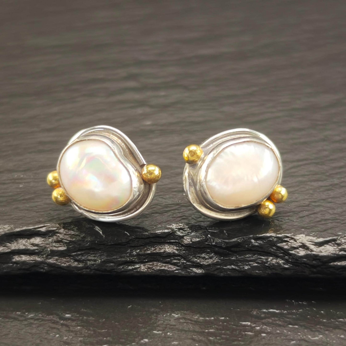 Vintage Sterling Silver Stud Earrings with 22K Gold Pearl Designer Elegance