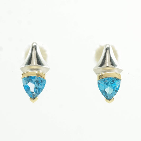 Vintage Sterling Silver Blue Topaz 18K Gold Accent Earrings Stud