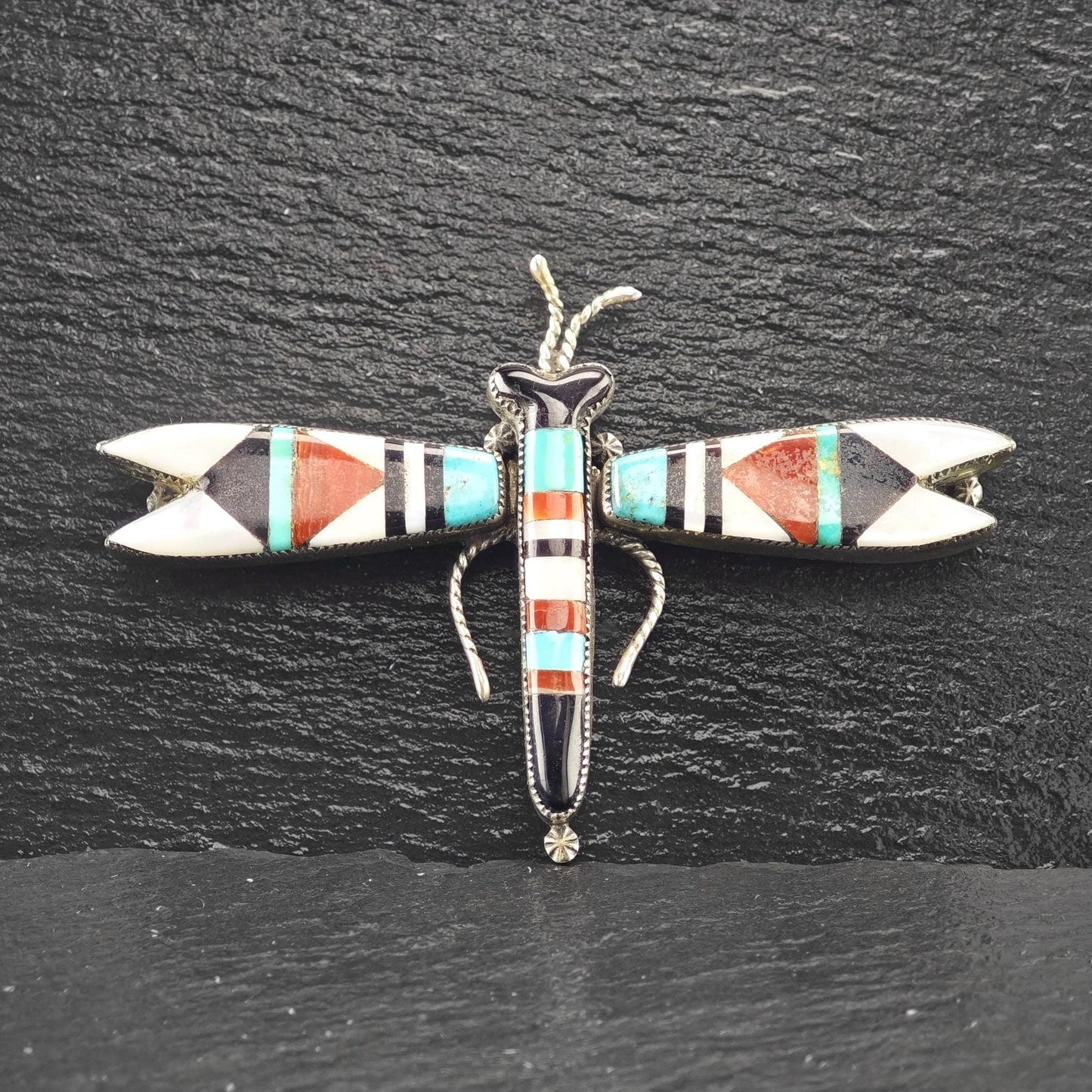 Attr. Lambert Homer Sr, Native American, Zuni Inlay, Dragonfly Brooch/Pendant Sterling Silver