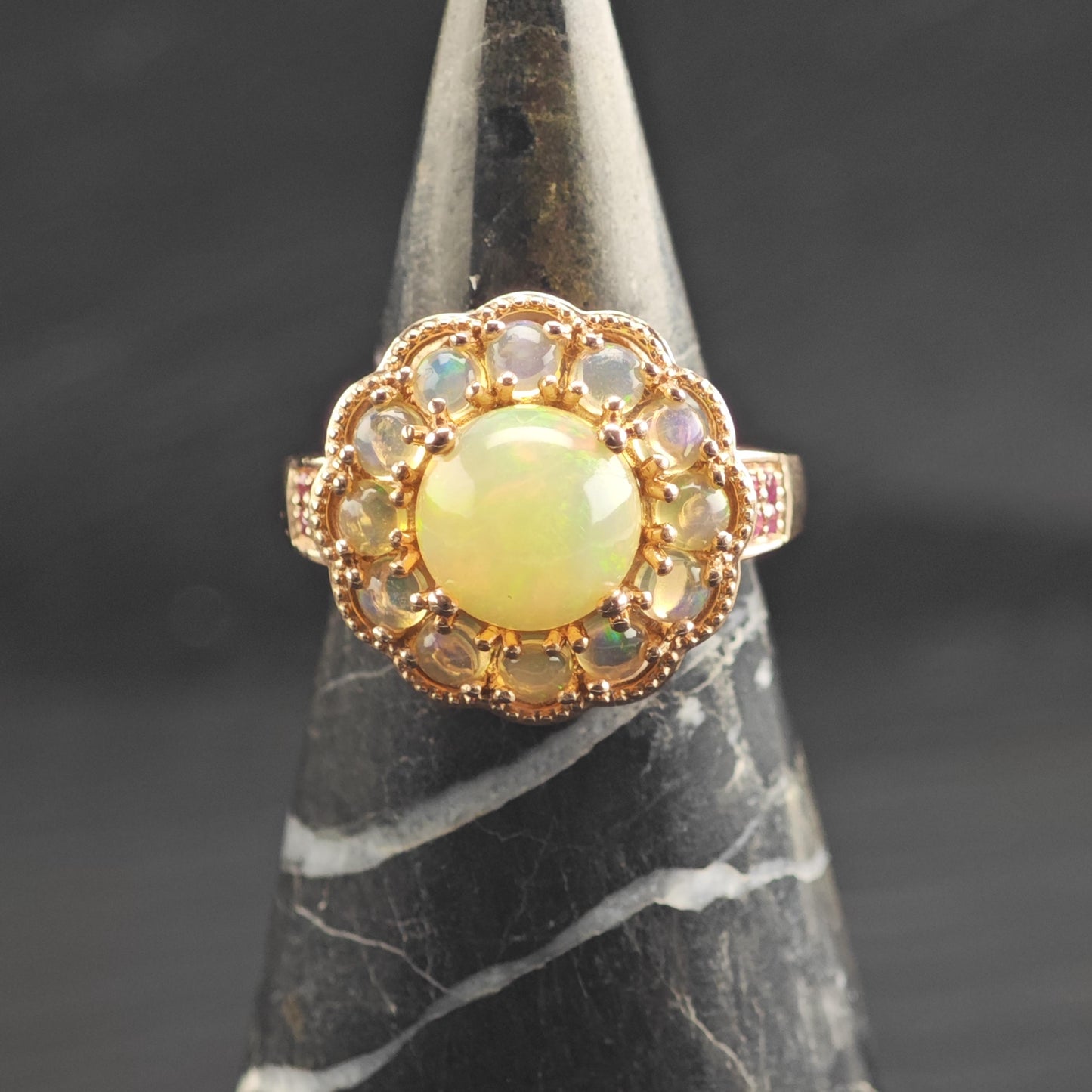 Opal & Ruby Rose Gold Sterling Silver Ring Sz 7 1/4 R6680