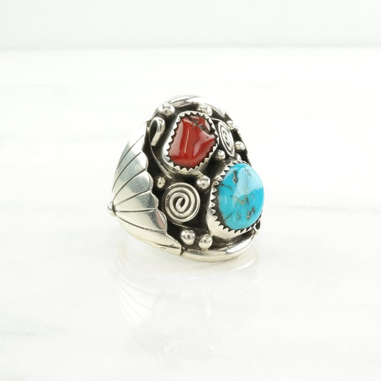 Vintage Native American Silver Ring Turquoise, Coral Leaf Sterling Blue, Red Size 11 3/