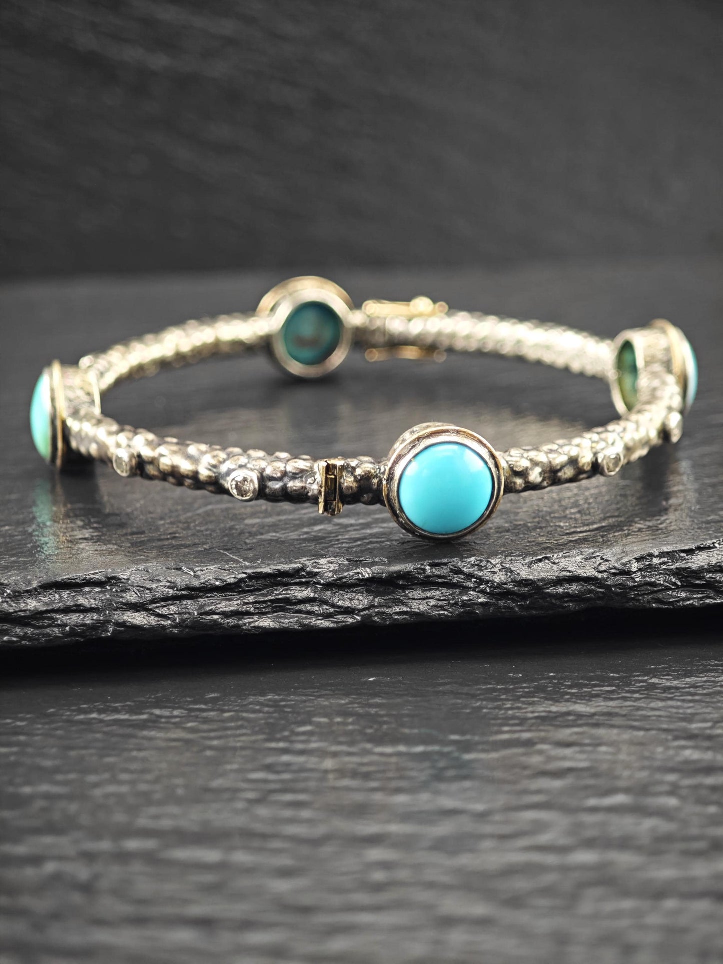 Brutalist Turquoise Diamond 18K Gold Accent Sterling Silver Bangle Bracelet