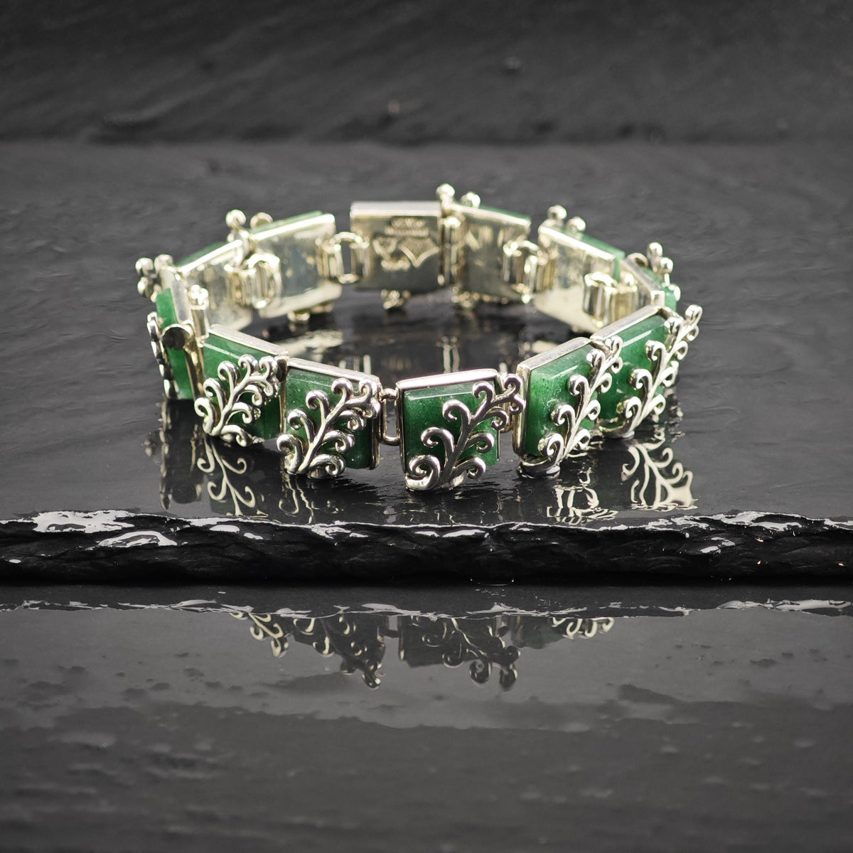Antonio Pineda Green Gemstone Panel Link Bracelet Sterling Silver Sz 6 3/4" BR3171