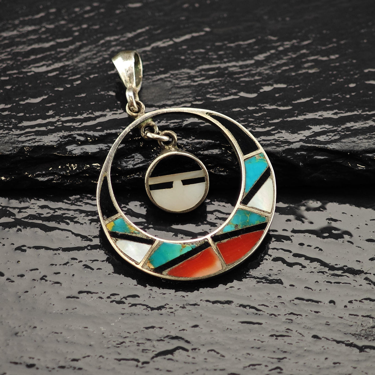 Native American Sunface Multistone Inlay Sterling Silver Pendant P3163