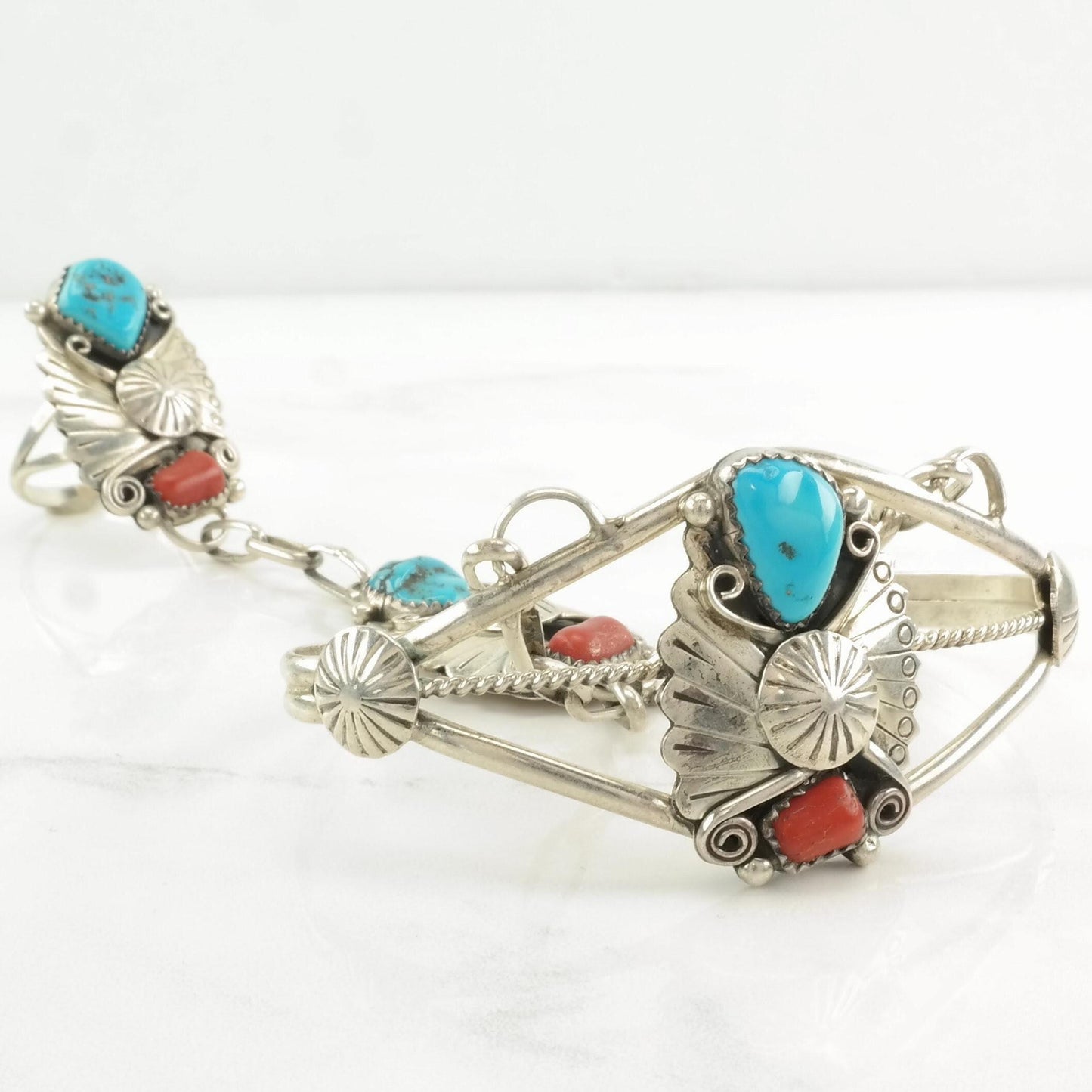 Native American Sterling Silver Cuff Bracelet Blue, Red Turquoise, Coral Floral