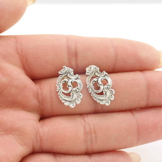 Rococo Style Dainty Sterling Silver Stud Earrings Vintage Reproduction