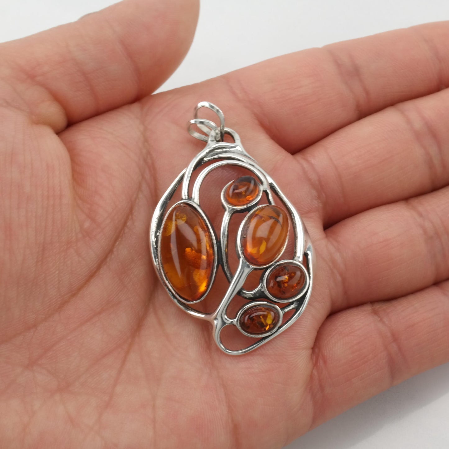 Art Nouveau Style Amber Sterling Silver Pendant