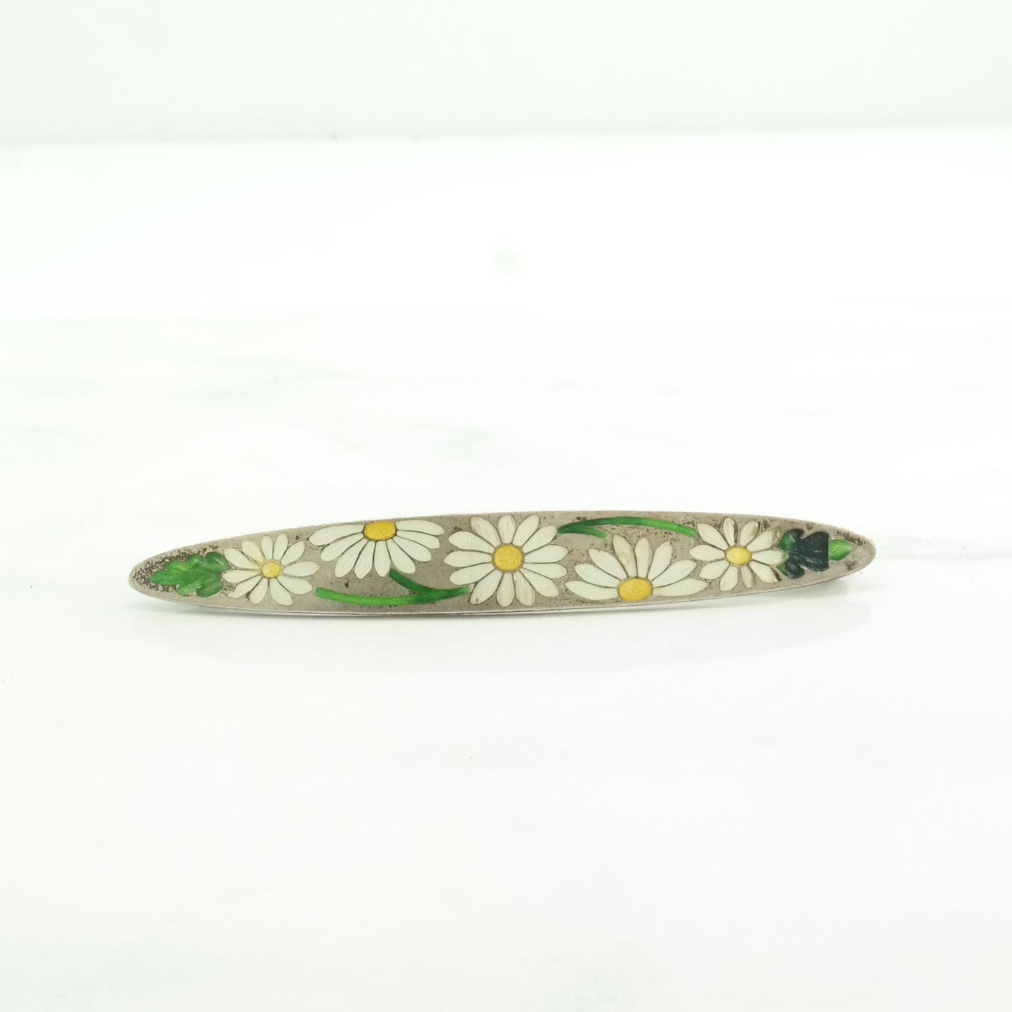 White, Green Silver Brooch Floral, Daisy Enamel Sterling