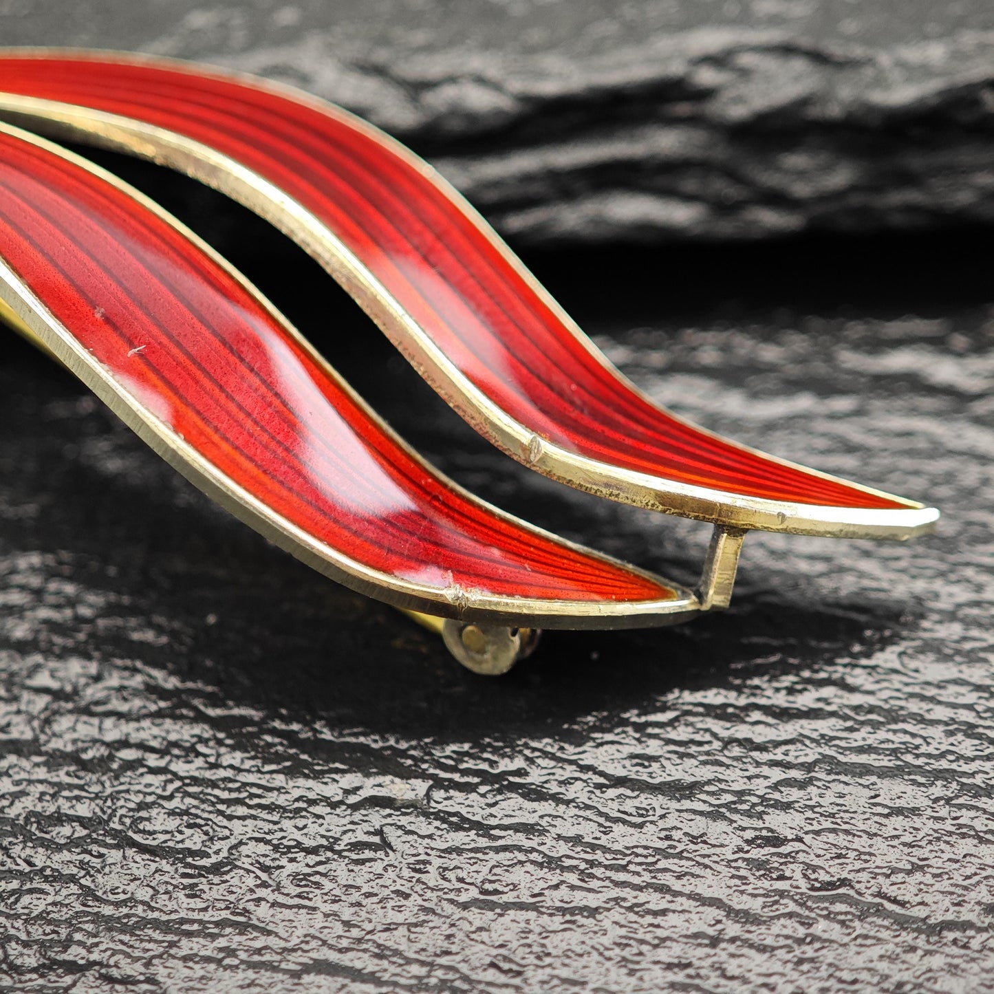 As Is Norway, Aksel Holmsen Floral Red, Gold Enamel Brooch Sterling Silver