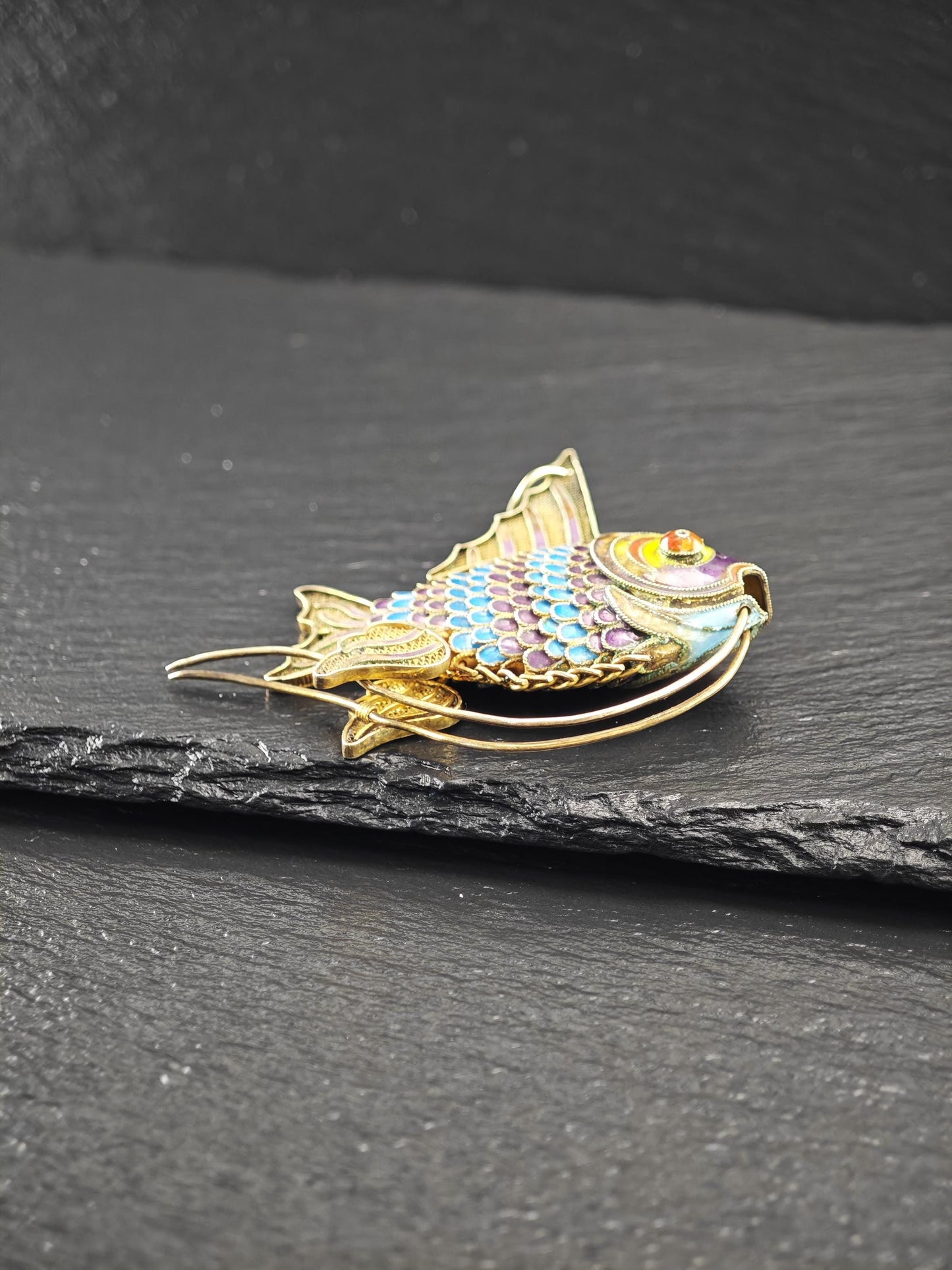 Articulated Enamel Chinese Export Koi Fish, Gold Gilded Sterling Silver P2746